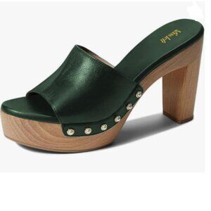 miss left Green Platform Chunky High Heel Mules Open Toe Studded Slide Sandal